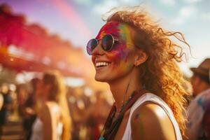 ai genererad Lycklig ung kvinna med lockigt hår och färgrik pulver på henne ansikte på holi festival, skön ung kvinna har roligt på färgrik musik festival, ai genererad foto
