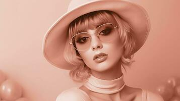 ai genererad kvinna bär en rosa hatt och solglasögon, Färg av de år 2024. ai genererad. foto