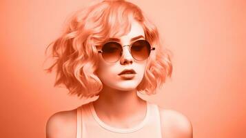 ai genererad ung flicka i en rosa peruk och solglasögon, Färg av de år 2024. ai genererad. foto