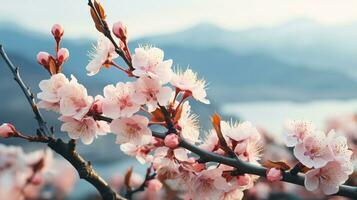 ai genererad närbild av sakura blommor på en träd gren under morgon- soluppgång. ai genererad foto