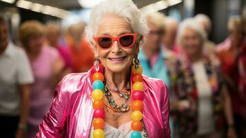 ai genererad grupp av Lycklig äldre kvinnor klädd i 80s mode. generativ ai foto