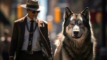 ai genererad elegant gammal man gående hans hund i de stad. generativ ai foto