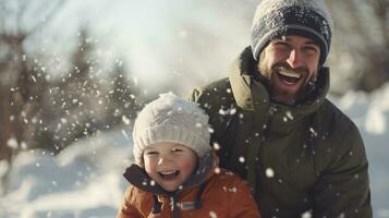 ai genererad pappa och son njut av en snöig dag, lekfull snöboll kämpar foto