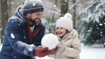 ai genererad pappa och son njut av en snöig dag, lekfull snöboll kämpar foto