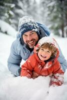 ai genererad pappa och son njut av en snöig dag, lekfull snöboll kämpar foto