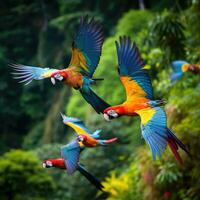 ai genererad en flock av papegojor i flyg, deras vibrerande fjäderdräkt kontrasterande mot de frodig grön lövverk foto