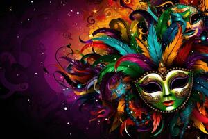 ai genererad en levande karneval bakgrund fylld med livlig färger, masker, och festlig stil foto