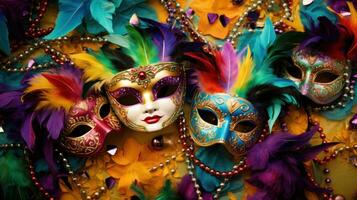 ai genererad en levande karneval bakgrund fylld med livlig färger, masker, och festlig stil foto
