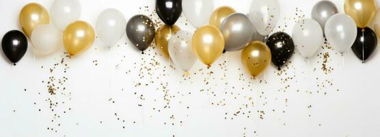 ai genererad silver- guld guld fest konfetti guld ballong med champagne glasögon foto