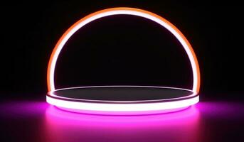ai genererad runda cirkulär neon klot och vit bas på en mörk bakgrund neon foto