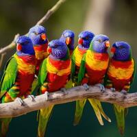 ai genererad en grupp av ljust färgad lorikeets uppflugen på en träd gren foto