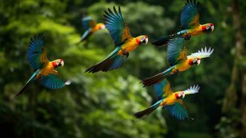 ai genererad en flock av papegojor i flyg, deras vibrerande fjäderdräkt kontrasterande mot de frodig grön lövverk foto