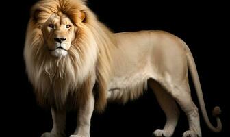 ai genererad en lejon med lång hår är stående på en mörk bakgrund foto