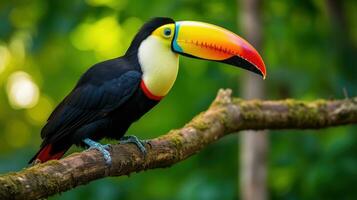 ai genererad en fantastisk närbild av en briljant färgad toucan uppflugen på en träd gren foto