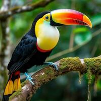 ai genererad en fantastisk närbild av en briljant färgad toucan uppflugen på en träd gren foto