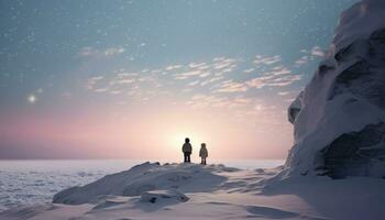 ai genererad två barn stående i de snö tittar på de måne från de klippa foto