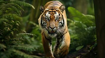 ai genererad en majestätisk bengal tiger, med dess slående orange och svart täcka foto