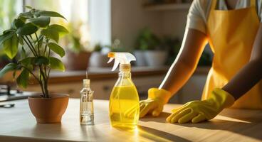 ai genererad en kvinna använder sig av rengöring handskar, spray flaska och en gul trasa till rena en kök bänkskivan foto