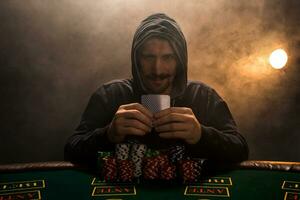 man är spelar poker med en cigarr och en whisky. en man vinnande Allt de pommes frites på de tabell med tjock cigarett rök. foto