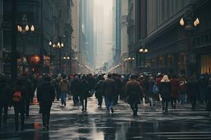 ai genererad människor gående på de gata, ett anonym folkmassan av människor gående på en stad gata, ai genererad foto