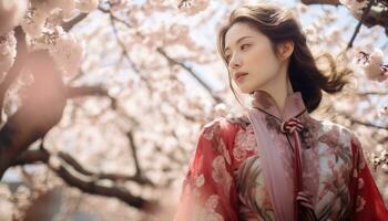 ai genererad kvinna av kinesisk arv i en traditionell utrusta gående genom blomstrande träd foto