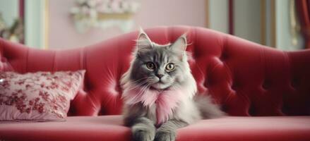 ai genererad detta bild visar en katt med rosa möbel, foto