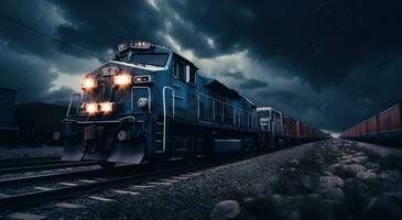 ai genererad frakt frakt tåg reser på tåg spår på mörk himmel foto