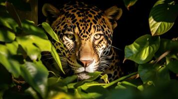 ai genererad en skön och svårfångad jaguar kamrater ut från Bakom en träd foto
