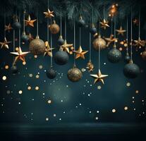 ai genererad jul Semester bakgrund med bollar, ren, jul lampor, ornament och stjärnor foto