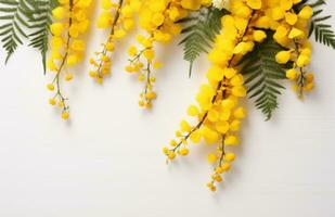 ai genererad mimosa blommor på trä- vit bakgrund med rubrik med copy foto