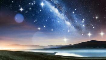 ai genererad abstrakt och overkligt landskap, med stjärnor lysande i de natt himmel,. foto