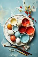 ai genererad ett påsk bricka innehåller måla och ägg, foto