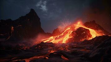 ai genererad vulkan utbrott, ljus röd lava strömmande ner de berg och mörk aska moln sammankomst i de himmel. idealisk för pedagogisk material, katastrof medvetenhet innehåll, och digital konst foto