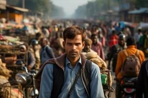 ai genererad turist på upptagen indisk eller pakistan gata med många människor foto