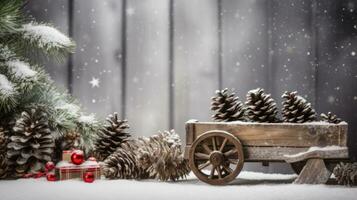ai genererad en rustik jul scen med en trä- kälke, tall kottar, och vintergröna grenar foto