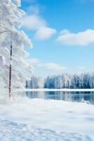 ai genererad en pittoresk vinter- landskap med snötäckt träd och en frysta sjö foto