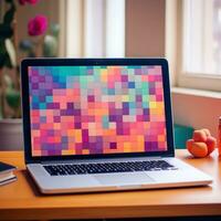 ai genererad en pixelated mönster av ljus färger den där kan Lägg till en lekfull och Rör till några dator skrivbordet. foto