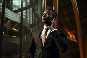 ai genererad porträtt av affärsman i kostym tala på smart telefon på modern kontor byggnad foto