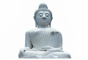 vit sten buddha staty med mediterar och leende hållning foto