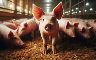 ai genererad gris gårdar, storskalig boskap produktion, grisar i pennor, kött industri foto