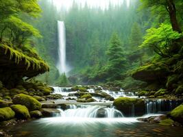 ai genererad skapas använder sig av generativ ai. fredlig landskap. saga elva skog med vattenfall och berg. foto