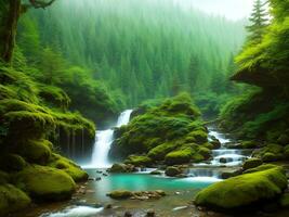 ai genererad skapas använder sig av generativ ai. fredlig landskap. saga elva skog med vattenfall och berg. foto