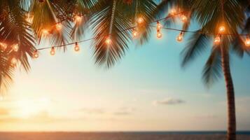 ai genererad sommar natt fest strand palmer med ljus Glödlampa girlanger. stor copy område, offcenter sammansättning foto
