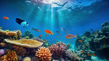 ai genererad färgrik korall rev myllrande med tropisk fisk och marin liv foto