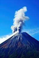 ai genererad de imponerande kraft och skönhet av en höga vulkan uppsättning mot en klar blå himmel. foto