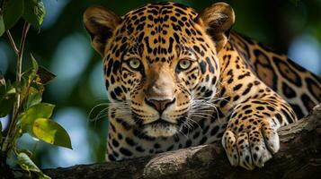 ai genererad en majestätisk jaguar uppflugen på en träd gren, stirrande in i de distans med dess genomträngande grön ögon foto