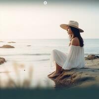 ai genererad en kvinna i vit i ett hav se hatt sitter på de strand foto