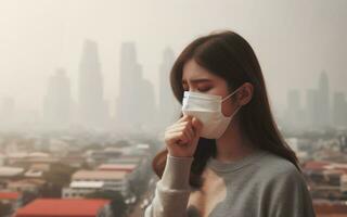 ai genererad en kvinna bär en skyddande mask hostningar i en huvudstad fylld med PM 2,5 smog och tung metaller i de luft foto
