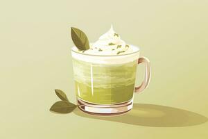 ai genererad matcha latte i en glas kopp, grön bakgrund, platt illustration foto