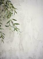 ai genererad vit krita vägg med grön oliv träd, foto